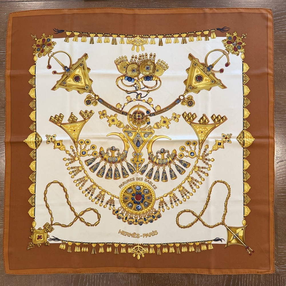 Hermès Paris Brown and Gold Silk Scarf